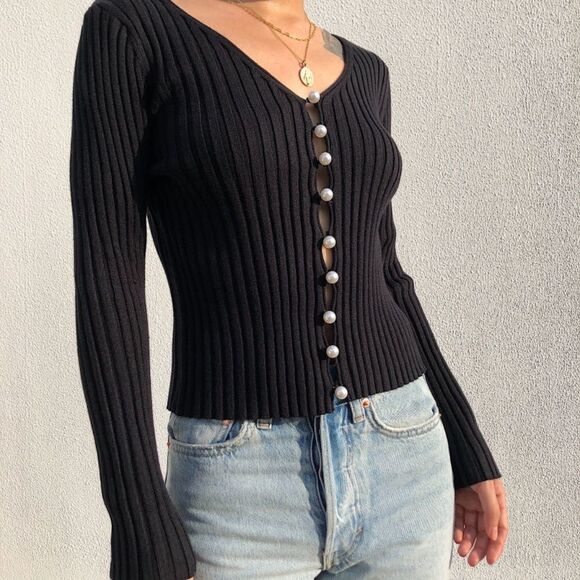 Astr Sweaters - ASTR THE LABEL Black Ribbed Cardigan with Pearls